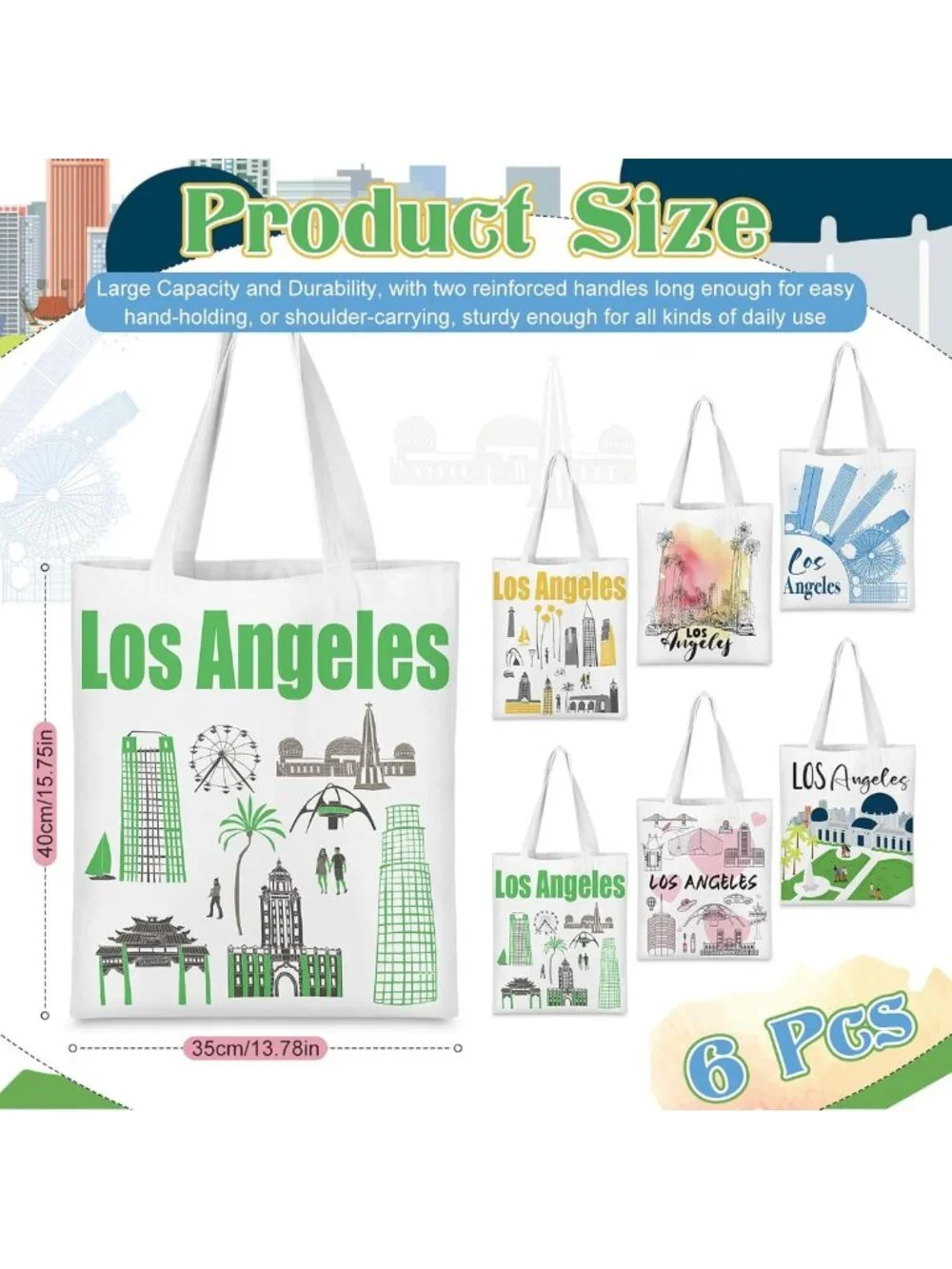 6-Piece Watercolor Los Angeles Canvas Tote Bags | Souvenir Gift for Women